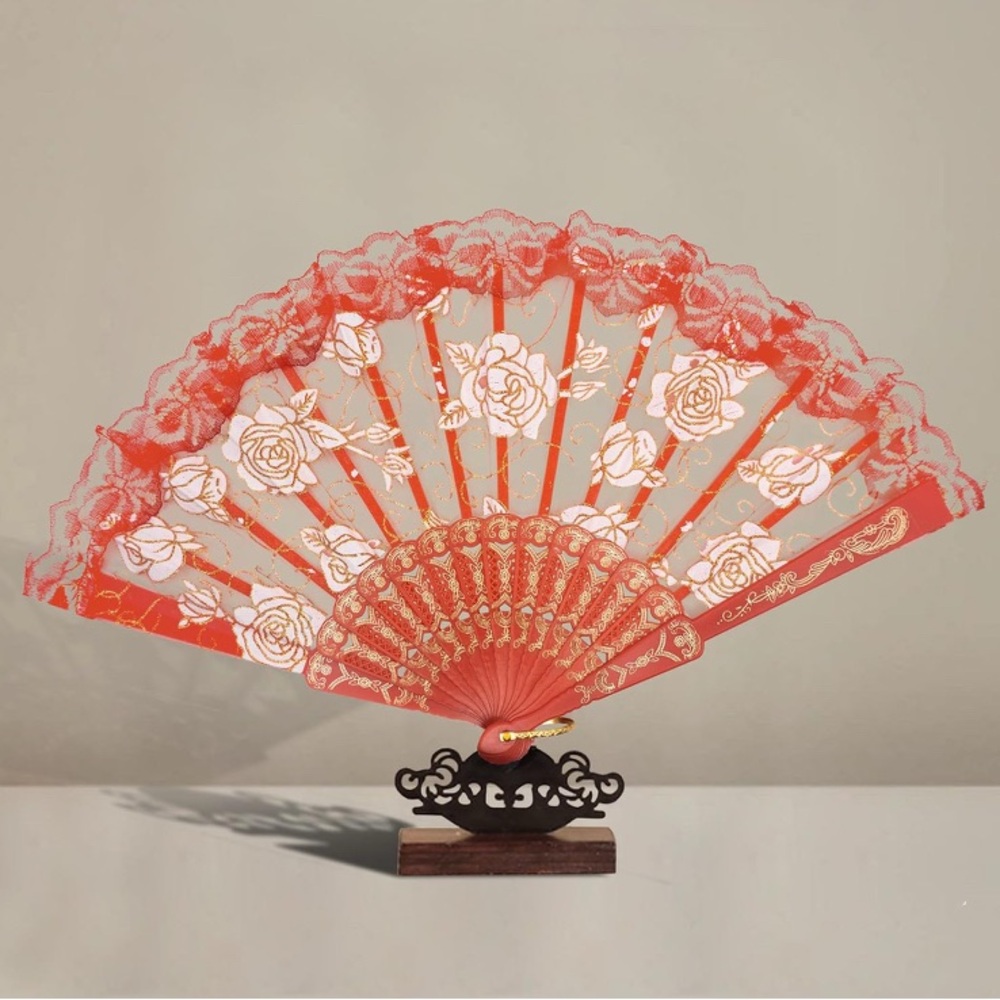 Lace Handmade Rose Embroidered Fan